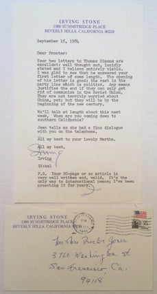 Item #203435 Typed Letter Signed "Irving" on personal letterhead. Irving STONE, 1903 - 1989