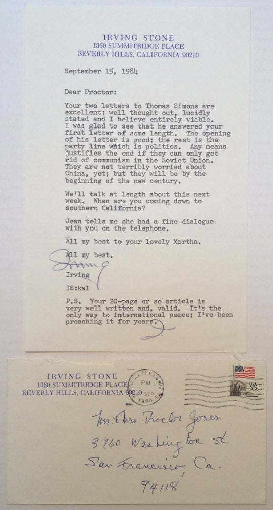 Item #203435 Typed Letter Signed "Irving" on personal letterhead. Irving STONE, 1903 - 1989.