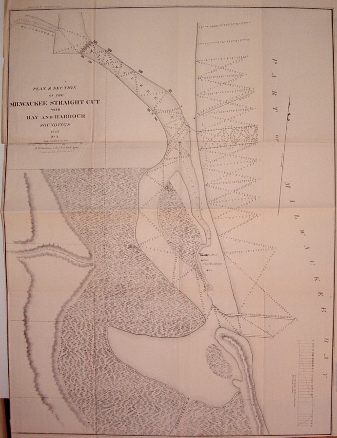 Item #203760 Plan & Section of the Milwaukee Straight Cut with Bay and Harbour Soundings. H. W. GUNNISSON.