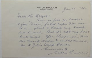 Item #203976 Autographed Letter Signed to a prominent writer and professor. Upton SINCLAIR, 1878...