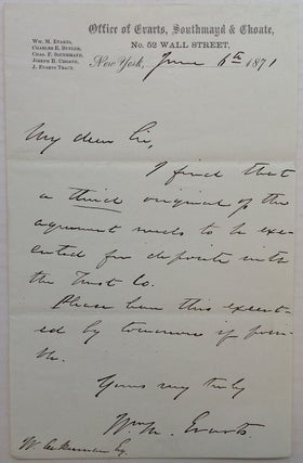 Item #208823 Autographed Letter Signed. William M. EVARTS, 1818 - 1901