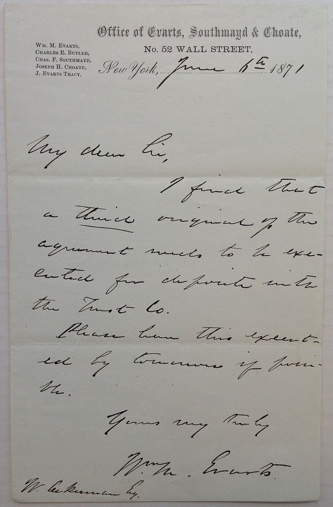Item #208823 Autographed Letter Signed. William M. EVARTS, 1818 - 1901.