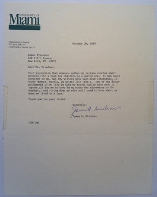 Item #210572 Typed Letter Signed on University of Miami letterhead. James MICHENER, 1907 - 1997