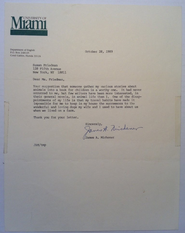 Item #210572 Typed Letter Signed on University of Miami letterhead. James MICHENER, 1907 - 1997.
