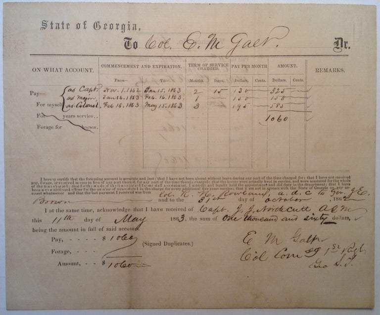 Item #211549 War-Date Confederate Document Signed. E. M. GALT.