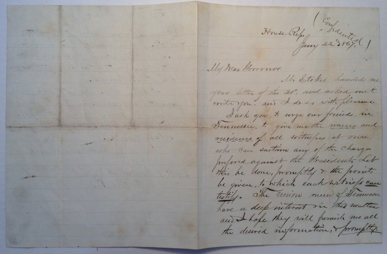 Item #212358 Autographed Letter Signed soliciting witnesses for Andrew Johnson's impeachment trial. James Mitchell ASHLEY, 1824 - 1896.