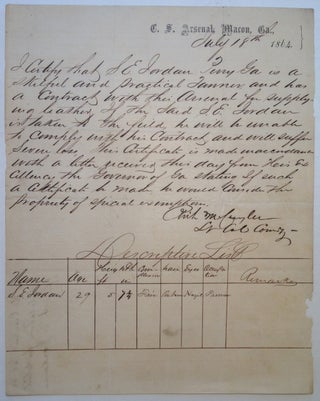Item #213731 Autograph Letter Signed on "C.S. Arsenal, Macon, Ga.," letterhead. Richard M....