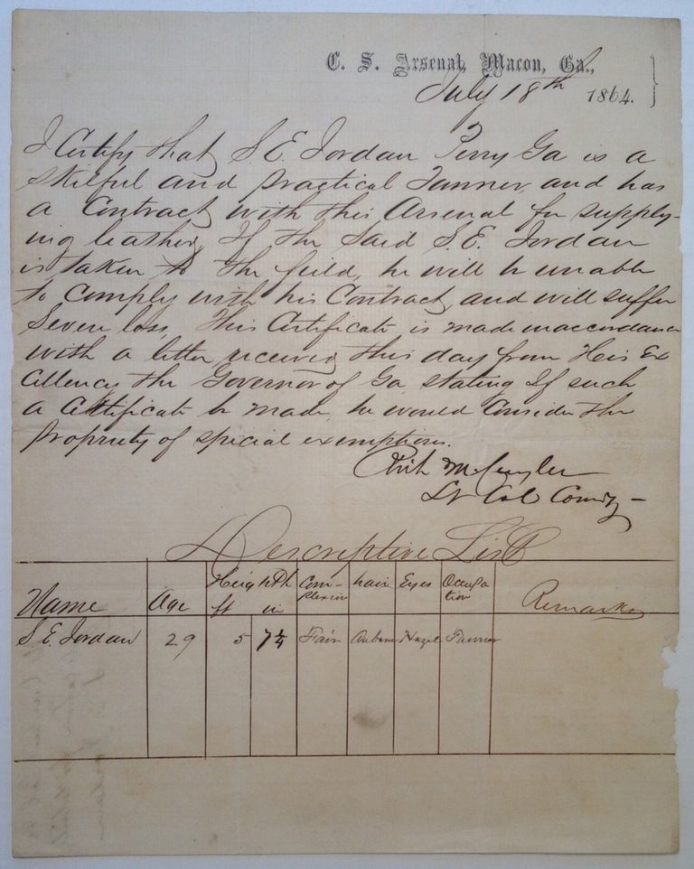Item #213731 Autograph Letter Signed on "C.S. Arsenal, Macon, Ga.," letterhead. Richard M. CUYLER, 1825 - 1879.