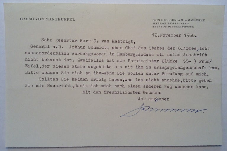 Item #213756 Typed Letter Signed in German. Hasso von MANTEUFFEL, 1897 - 1978.