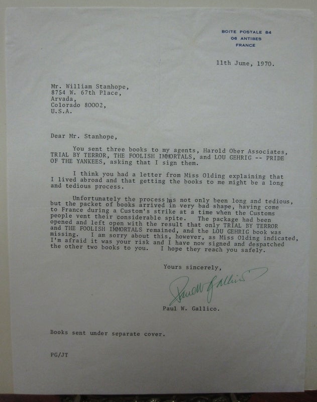 Item #214363 Typed Letter Signed about damaged books. Paul GALLICO, 1897 - 1976.