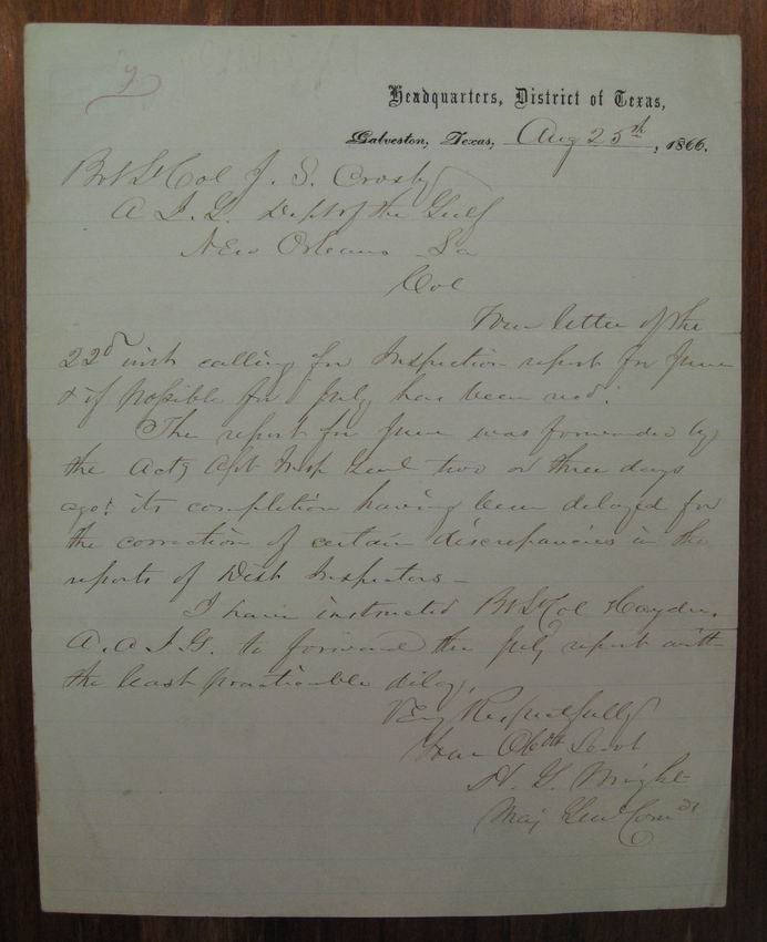 Item #215411 Autographed letter signed "H.G. Wright" by the Major-General of the Union Army. CIVIL WAR -- Horatio Gouverneur Wright.
