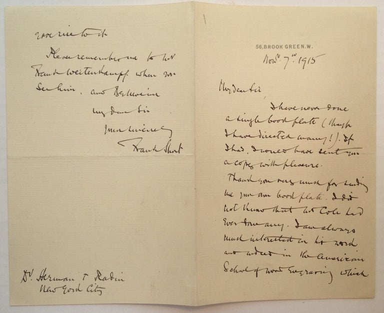 Item #215998 Autographed Letter Signed. Frank SHORT, 1857 - 1945.