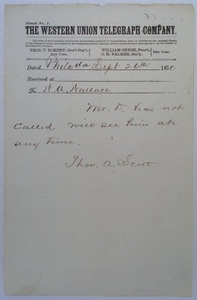 Item #217872 Signed Telegram. Thomas A. SCOTT, 1823 - 1881