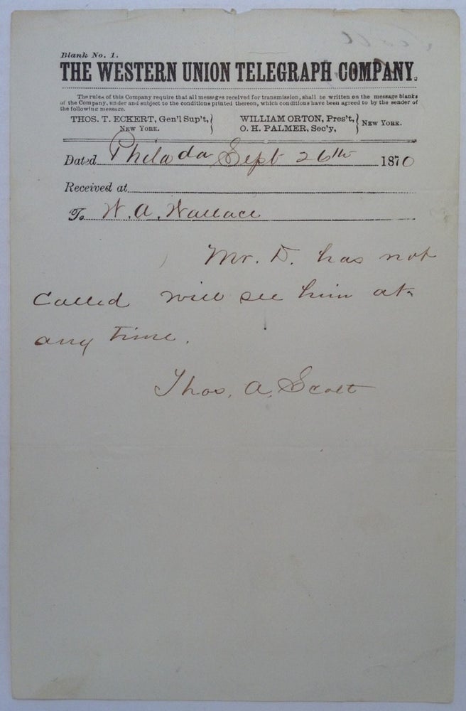 Item #217872 Signed Telegram. Thomas A. SCOTT, 1823 - 1881.