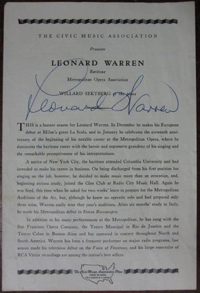 Item #217873 Signed Program. Leonard WARREN, 1911 - 1960