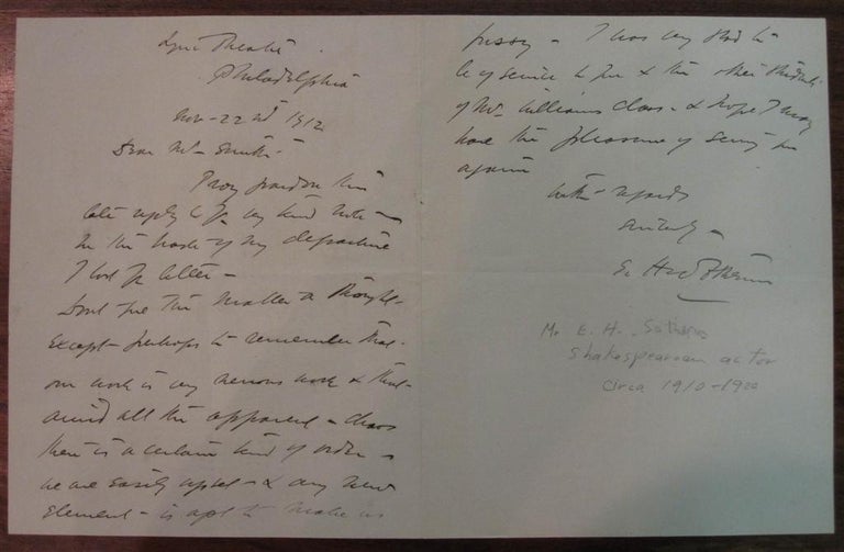 Item #218034 Autographed Letter Signed. Edward H. SOTHERN, 1859 - 1933.