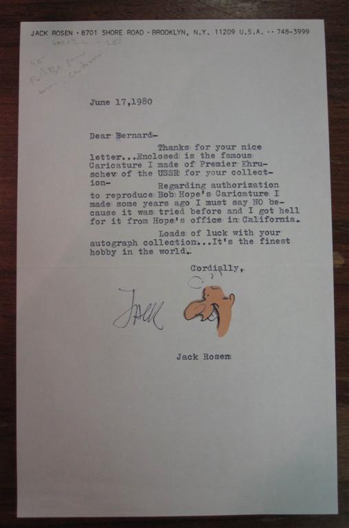 Item #218250 Typed Letter Signed with an original caricature. Jack ROSEN.