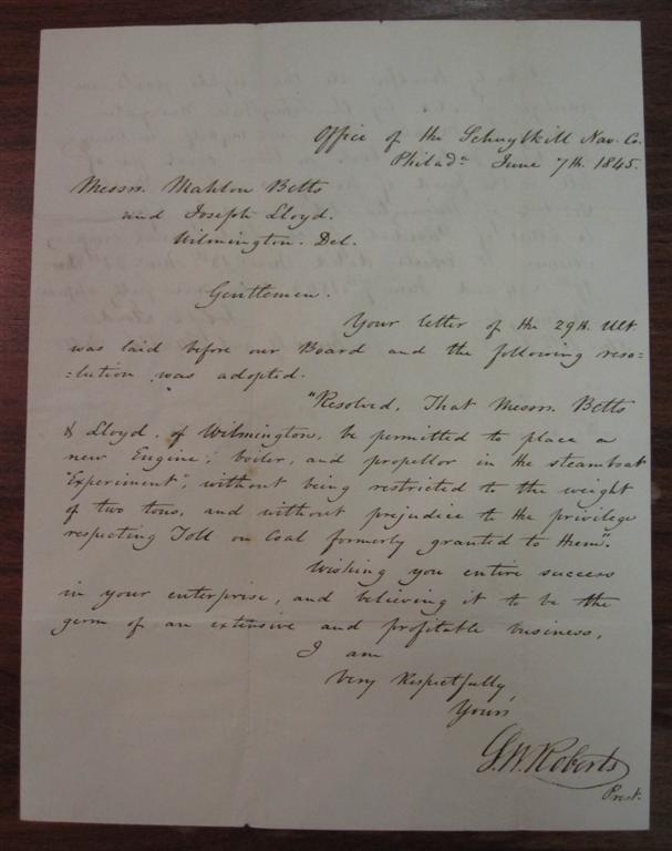 Item #218330 Autographed Letter Signed by the steamboat and railroad pioneer. Solomon White ROBERTS, 1811 - 1882.