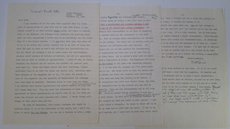 Item #219025 Exceptional Typed Letter Signed about "The New Yorker" Katherine Sargeant WHITE, 1892 - 1977.