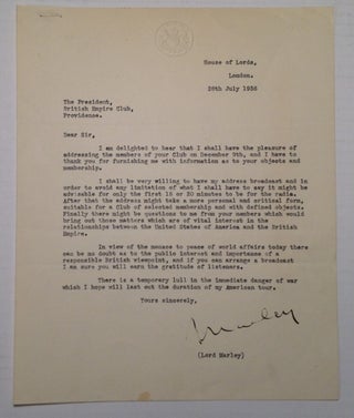 Item #219029 Interesting Typed Letter Signed. Lord MARLEY