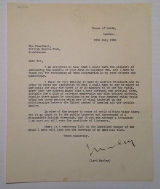 Item #219029 Interesting Typed Letter Signed. Lord MARLEY