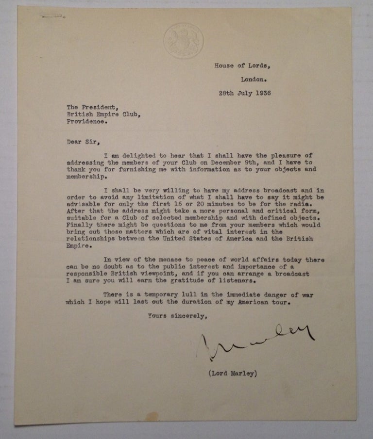 Item #219029 Interesting Typed Letter Signed. Lord MARLEY.