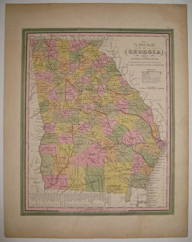 Item #219154 A New Map of Georgia with its Roads & Distances. Samuel Augustus Sr MITCHELL.