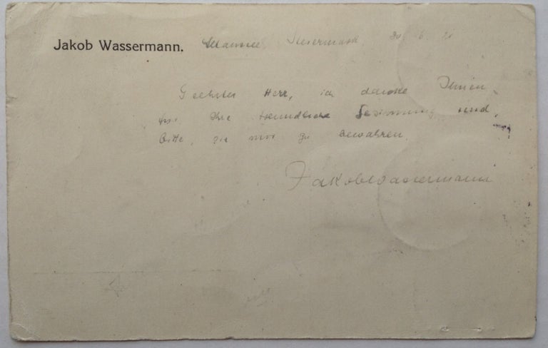 Item #220013 Autographed Note Signed in German. Jakob WASSERMANN, 1873 - 1934.
