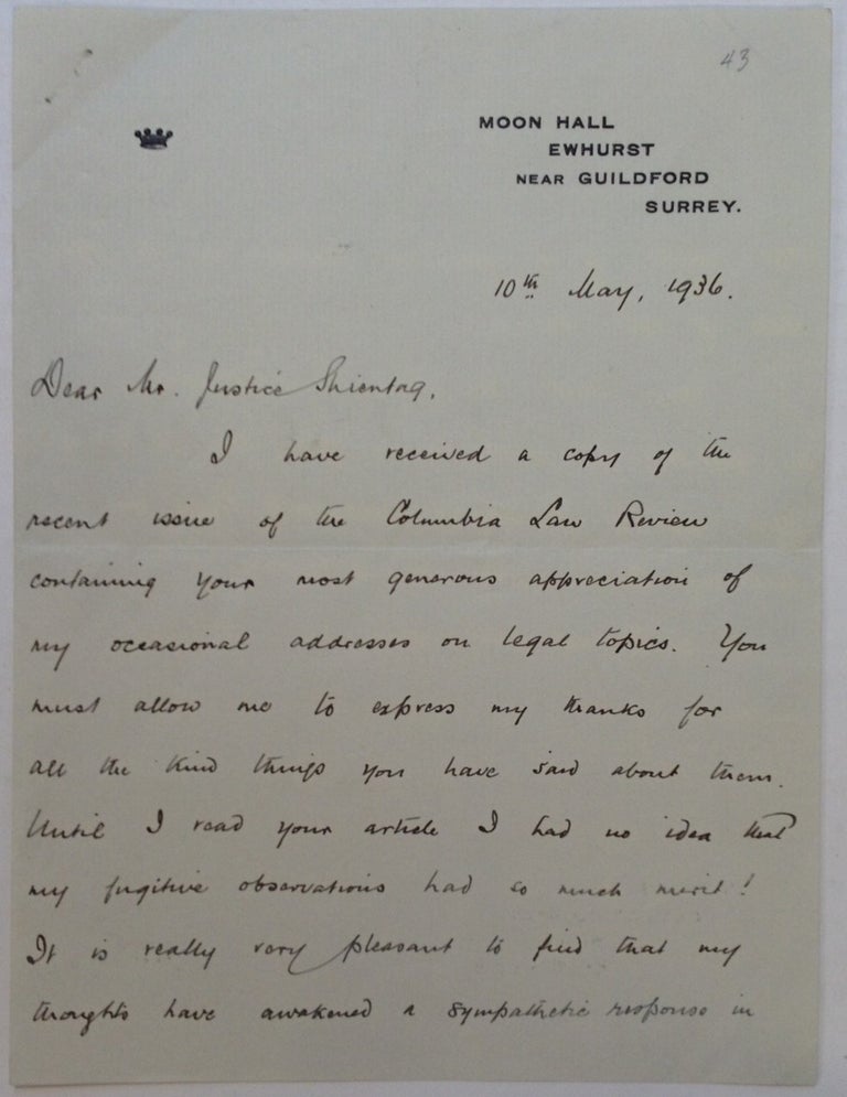 Item #220056 Autographed Letter Signed "Macmillan" to a Judge. Harold MacMILLAN, 1894 - 1986.