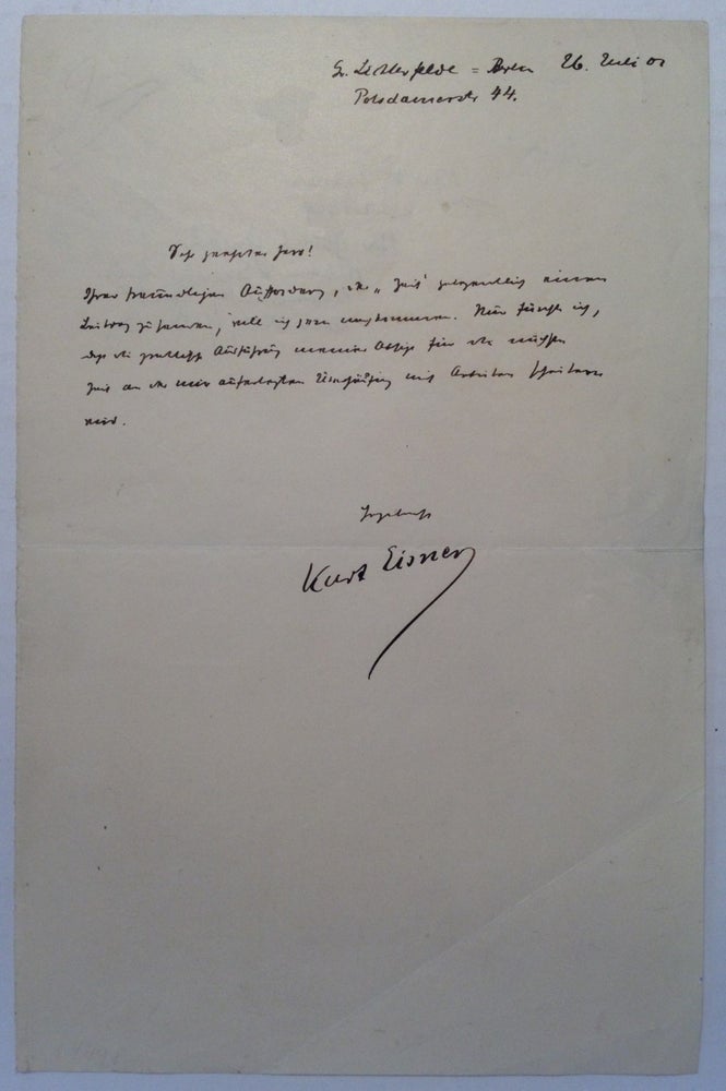 Item #220445 Rare Autographed Letter Signed in German. Kurt EISNER, 1867 - 1919.