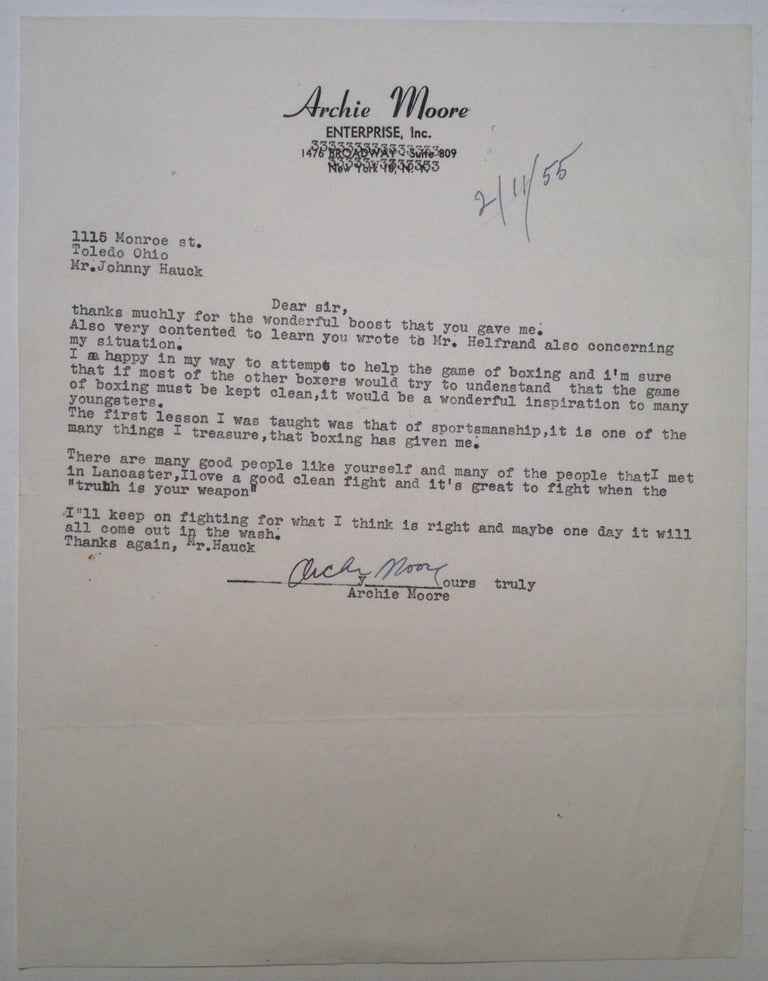 Item #220606 Important Typed Letter Signed on personal letterhead. Archie MOORE, 1916 - 1998.