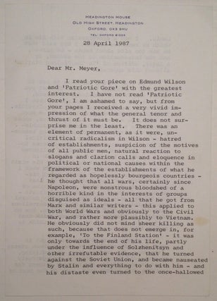 Item #222098 Extraordinary Typed Letter Signed about Edmond Wilson. Isaiah BERLIN, 1909 - 1997