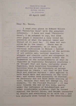 Item #222098 Extraordinary Typed Letter Signed about Edmond Wilson. Isaiah BERLIN