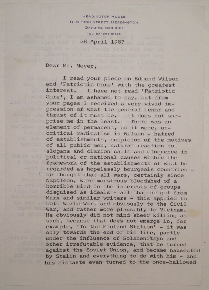 Item #222098 Extraordinary Typed Letter Signed about Edmond Wilson. Isaiah BERLIN, 1909 - 1997.