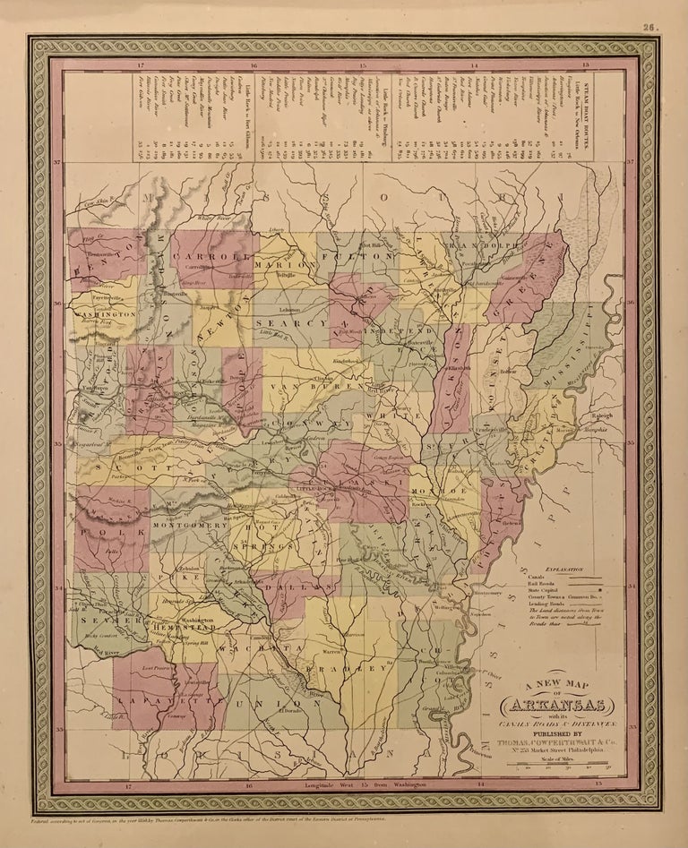 Item #222555 A New Map of Arkansas with its Canals Roads & Distances. COWPERTHWAIT THOMAS, Co.