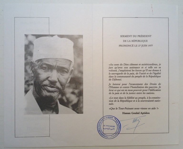 Item #222878 Signed Card from the Inaugural Party. Hassan Gouled APTIDON, 1916 - 2006.