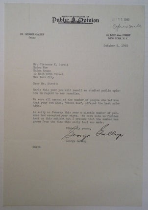 Item #222882 Typed Letter Signed regarding polling statistics. George GALLUP, 1901 - 1984