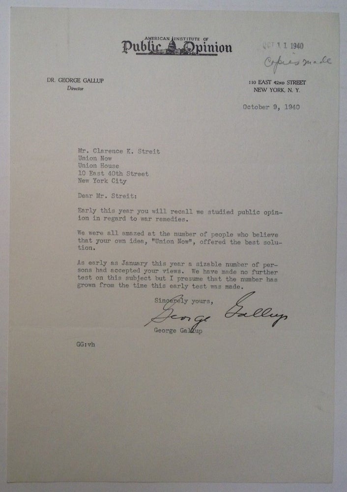 Item #222882 Typed Letter Signed regarding polling statistics. George GALLUP, 1901 - 1984.