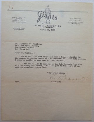 Item #224010 Typed Letter Signed on New York Giants letterhead. Edward BRANNICK, 1892 - 1975