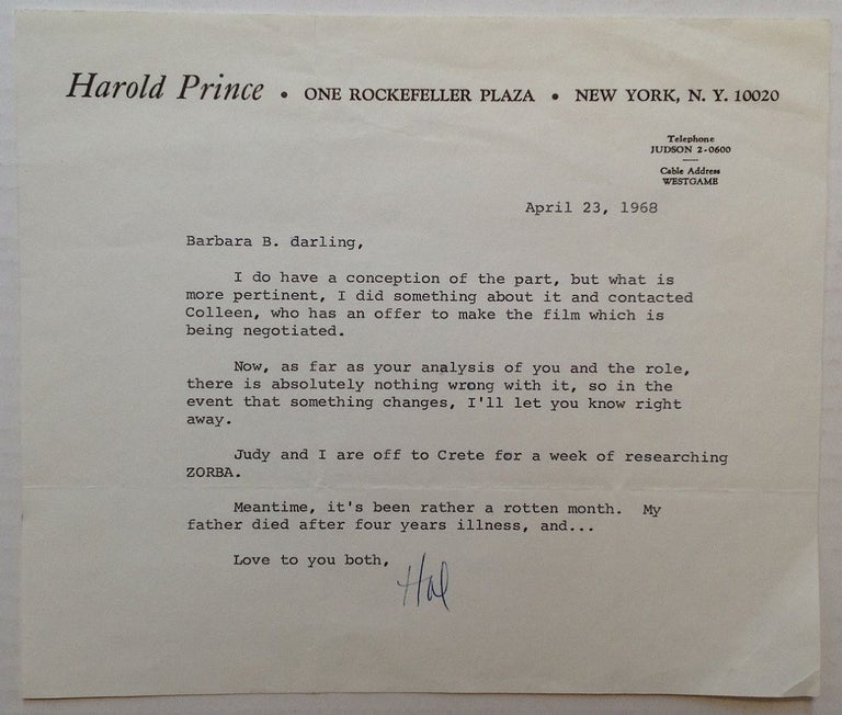 Item #224128 Typed Letter Signed "Hal" on personal letterhead. Harold PRINCE, 1928 -.