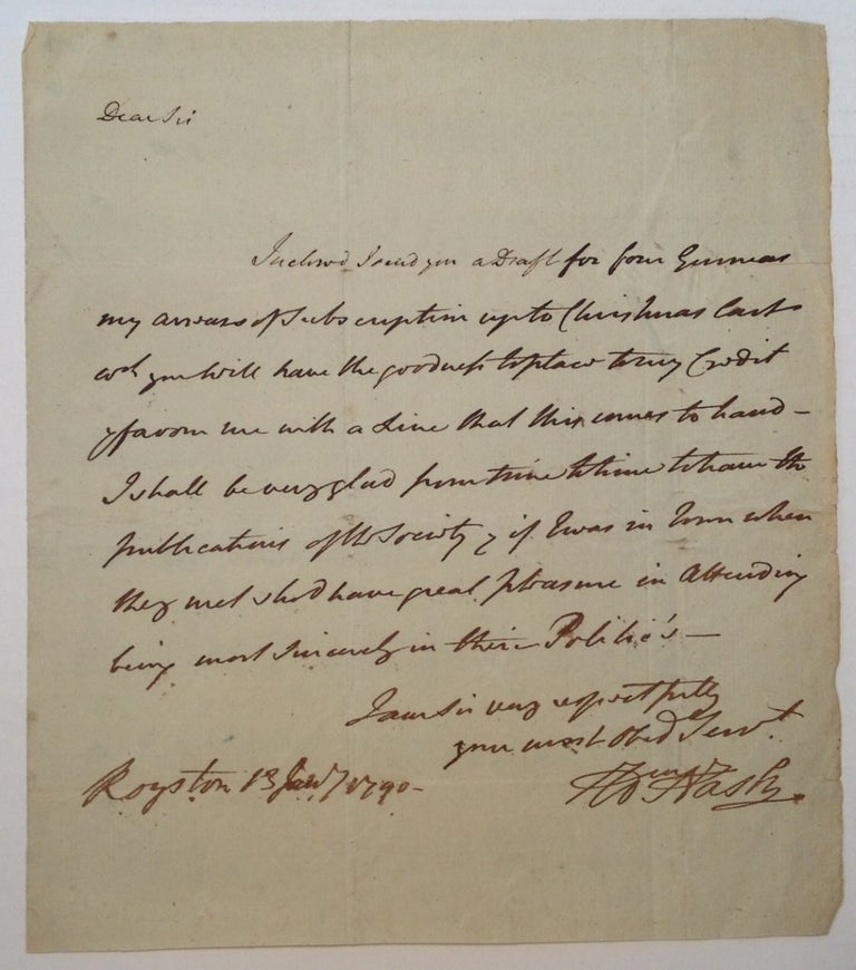 Item #224692 Autographed Letter Signed. John NASH, 1752 - 1835.