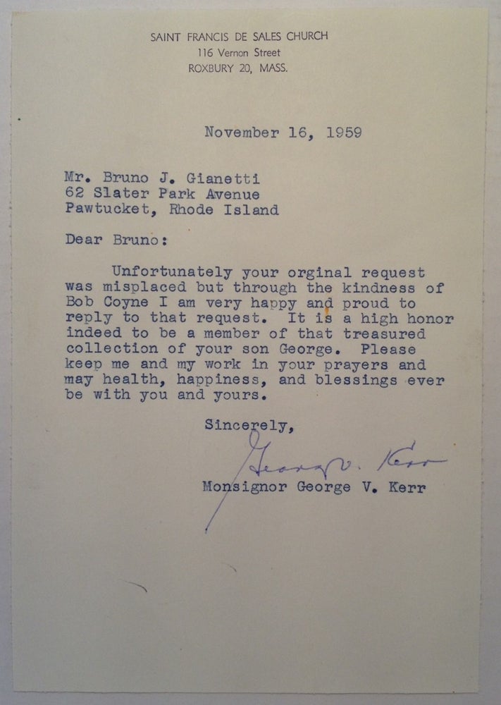 Item #225718 Typed Letter Signed by a Football Player. George V. KERR, 1919 - 1983.