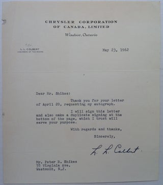 Item #225727 Typed Letter Signed on "Chrysler Corporation" letterhead. L. L. COLBERT, 1905 - 1995