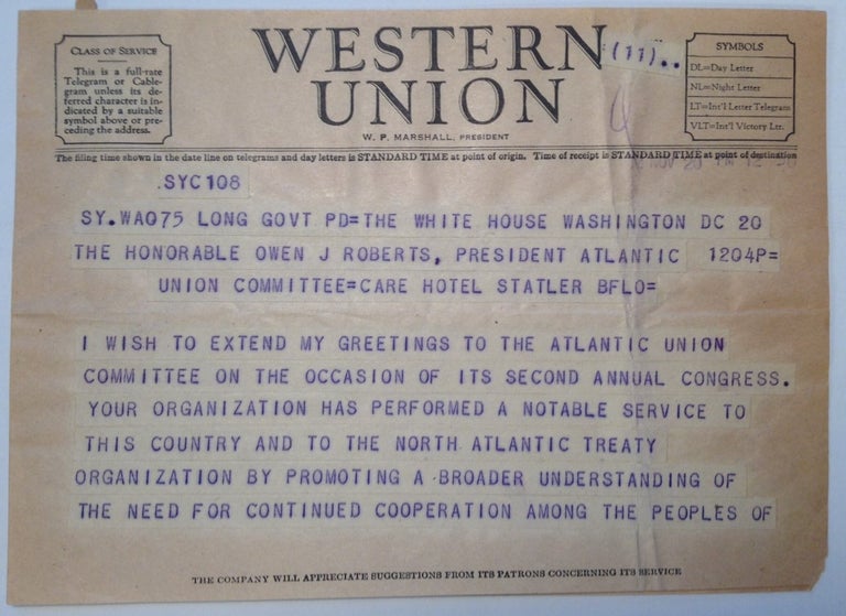 Item #226618 Presidential Telegram. Harry S. TRUMAN, 1884 - 1972.
