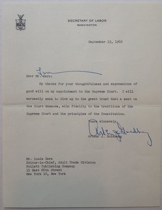 Item #227005 Typed Letter Signed in Response to his Supreme Court Appointment. Arthur J....