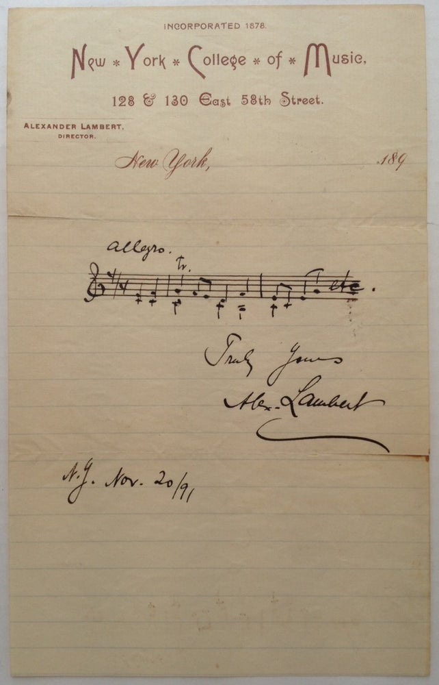 Item #227390 Autographed Musical Quotation Signed on his Professional Letterhead. Alexander LAMBERT, 1862 - 1929.