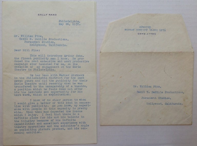 Item #227542 Typed Letter Signed to film pioneer William Pine. Sally RAND, 1904 - 1979.