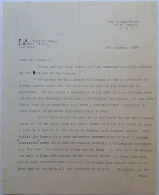 Item #227561 Powerful and Historically Important Typed Letter Signed. Austen CHAMBERLAIN, 1863 -...