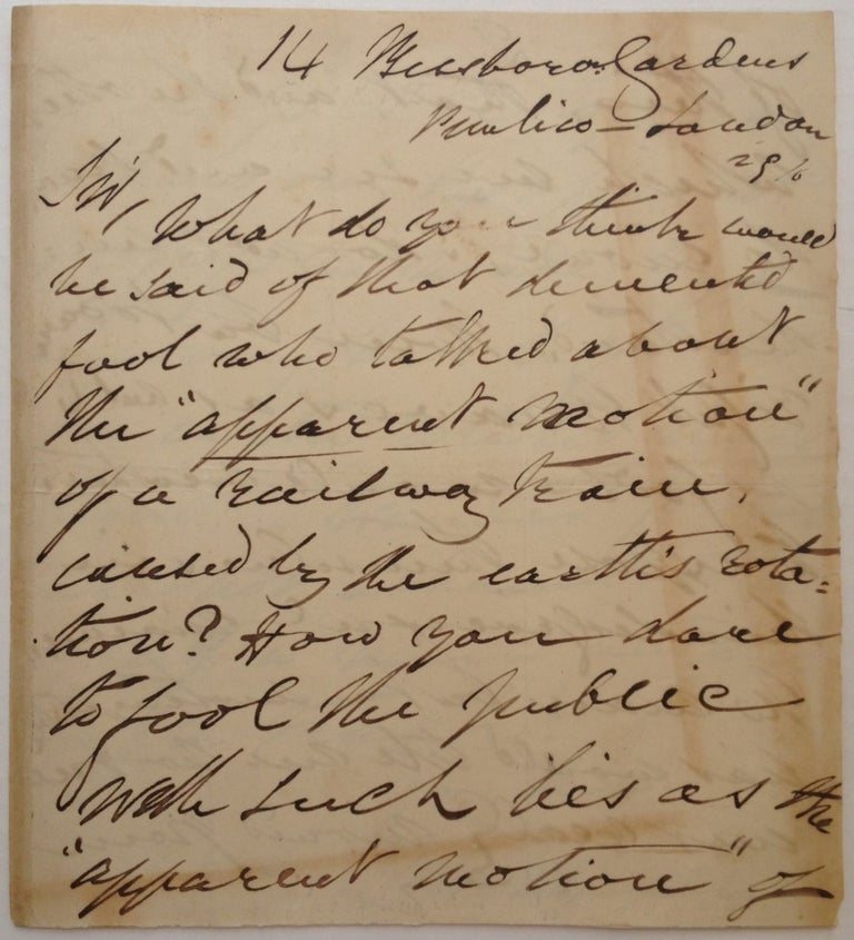 Item #227631 Rare, Important and Angry Autographed Letter Signed by a Flat-Earther. John HAMPDEN, 1819 - 1891.