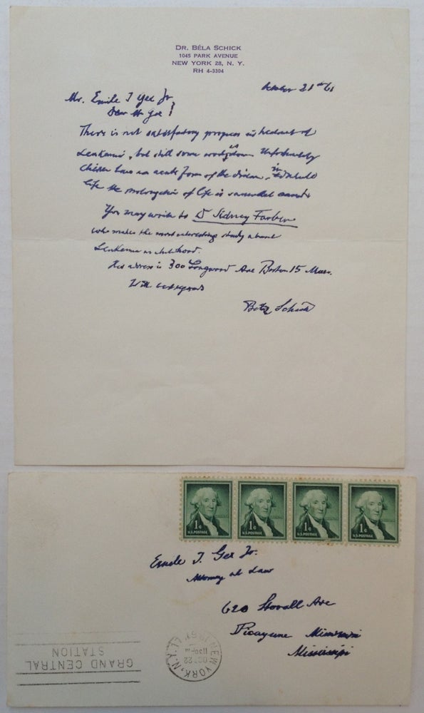 Item #227940 Autographed Letter Signed about Leukemia. Bela SCHICK, 1877 - 1967.